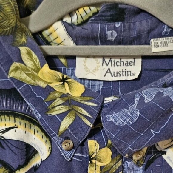 Michael Austin Shirt Men's XL Blue Swordfish Palm Tree Tropical Short Sleeve - Picture 5 of 6